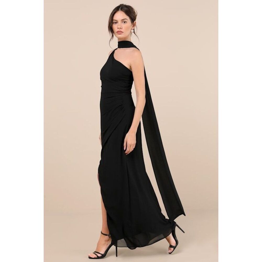 Lulus Adeline Black One-shoulder Scarf Maxi Dress - Size S